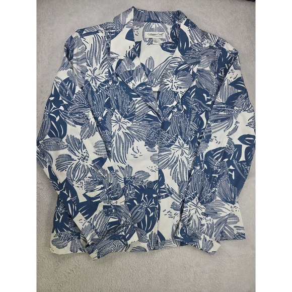 Coldwater Creek Jackets & Blazers - Coldwater Creek Womens L Blue White Tropical Leaf Cotton Blazer Jacket Coastal